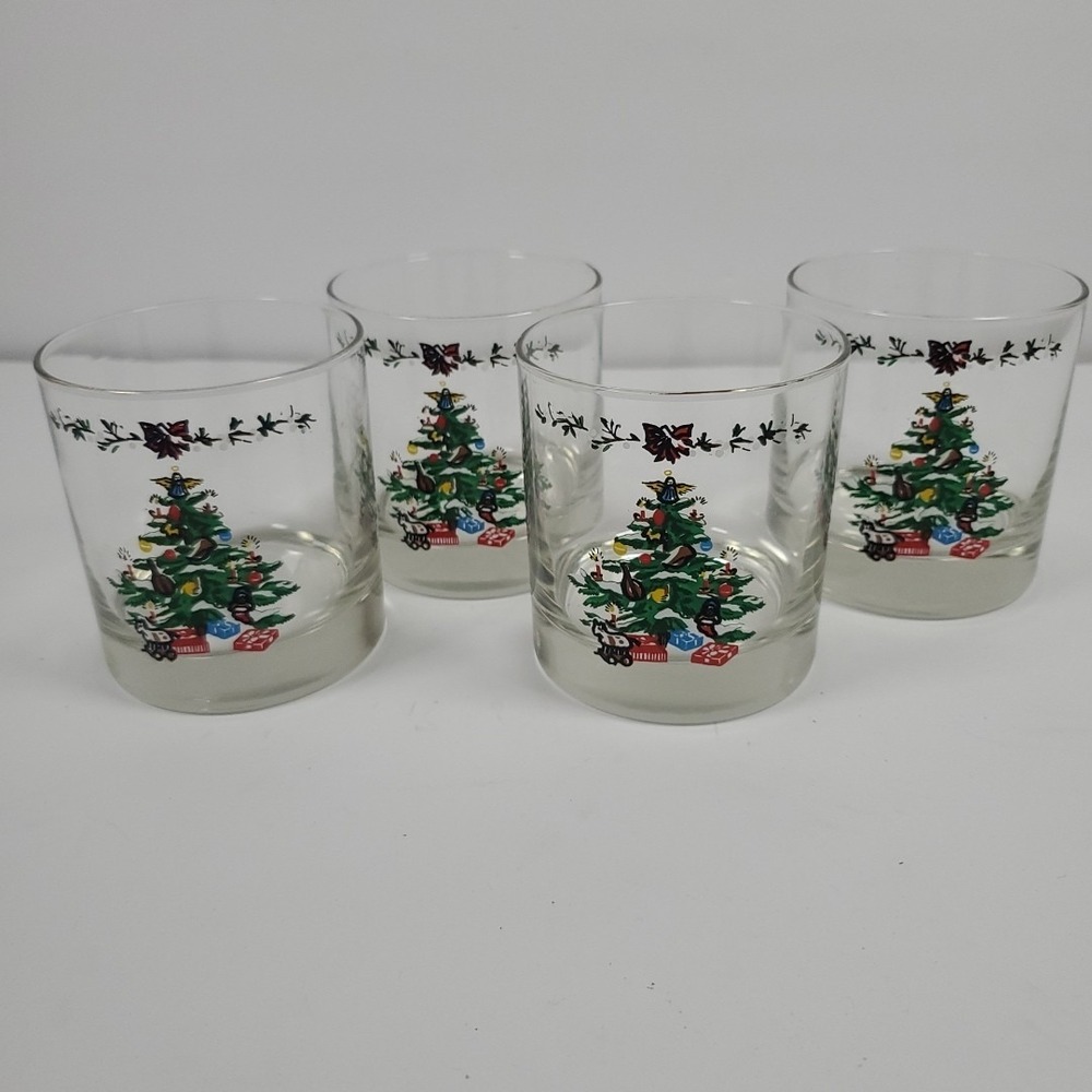Vintage Libbey Christmas Tree Cocktail Lowball Tumblers Glasses Set Of Four
